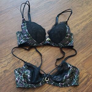 Savage Fenty Black Plaid Trim Edgy Romantic Fairy Whimsigoth Lacey Bras Size 32C